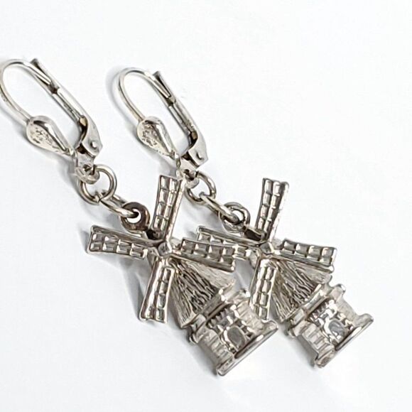 Dutch Windmill 3D Earrings Sterling Silver 3/4" Blades Move - Picture 1 of 3